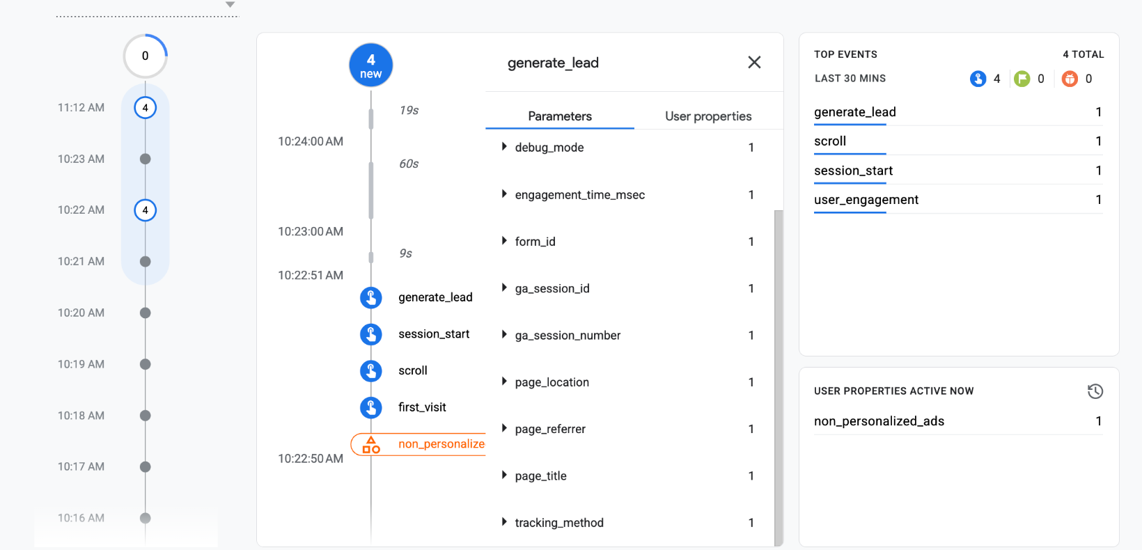 GA4 DebugView showing generate_lead received from the GTM test
