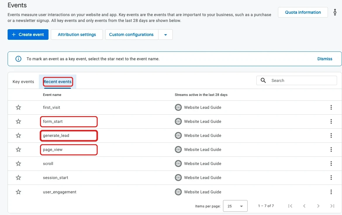 GA4 Events screen with the Recent events tab and the generate_lead, form_start and page_view events highlighted in red
